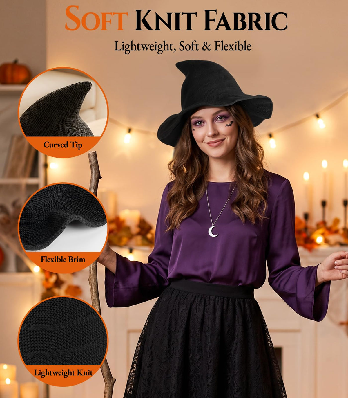 Diffy Homy Halloween Witch Hat for Women, Knitted Adult Witch Hat for Halloween Party